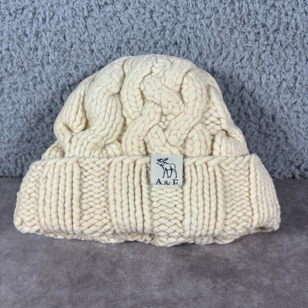 Abercrombie & Fitch Beanie Women OS Cream Lambswool Cashmere Cable Knit Moose